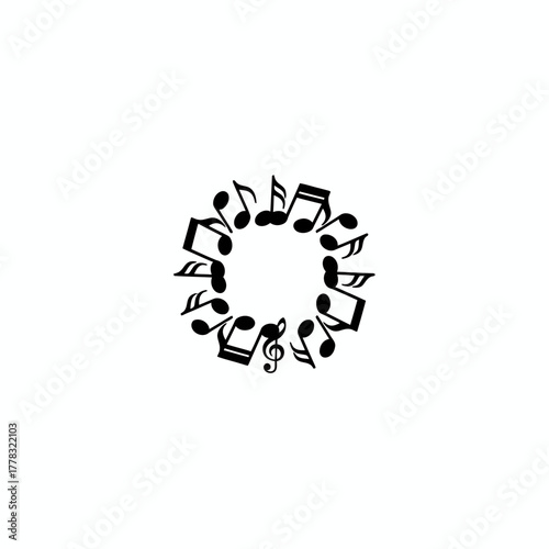 A circular arrangement of musical notes, treble clef, and other symbols against a white background