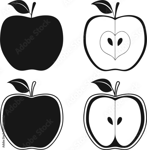 Black and white vector illustrations of whole and halved apples with leaves fruit