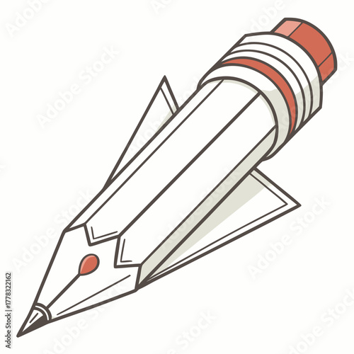 Cartoon pencil shaped like a rocket with red eraser tip drawing illustration