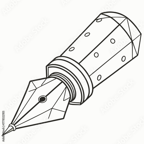 Outline drawing of a fountain pen nib and barrel writing illustration