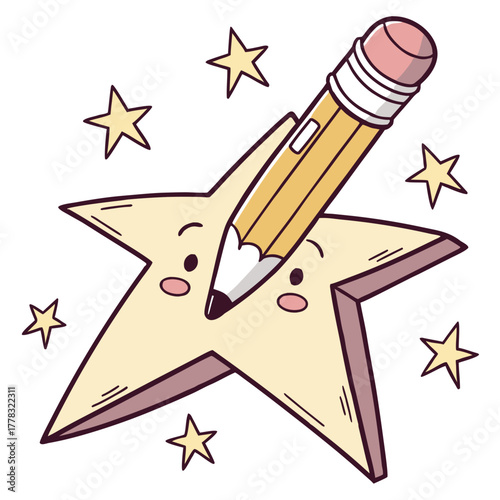 Star Character with Pencil on its Face Surrounded by Stars cute confused