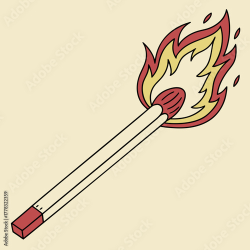 Burning Matchstick with Red and Yellow Flames on Beige Background fire ignition