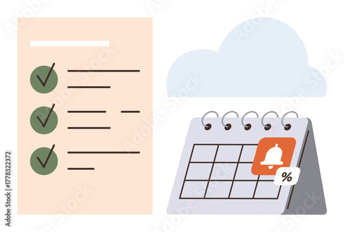 Checklist with green checkmarks alongside a calendar featuring a reminder bell icon. Ideal for planning, scheduling, task management, organization, productivity, goal setting, and time tracking