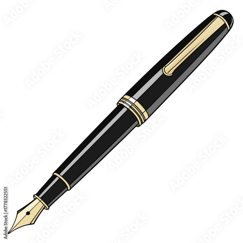 Black Fountain Pen with Gold Trim on White Background writing instrument stationery