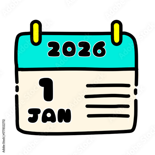 A hand-drawn, cute calendar icon indicating January 1st, 2026. Perfect for illustrating schedules, events, reminders, and important dates. Use this illustration for websites, apps, presentations, and 