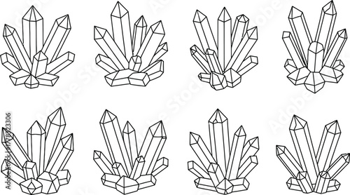 Collection of Stylized Crystal Clusters in Black and White