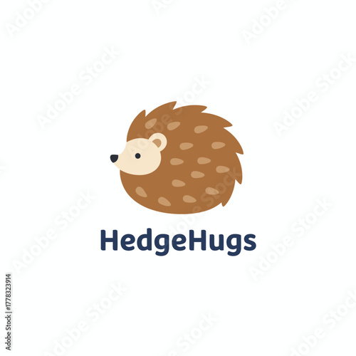 A cartoon hedgehog illustration with brown spiky back, off-white face, and a wordmark below on a white background