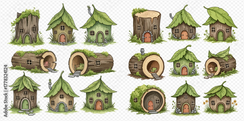 Whimsical collection of watercolor fairy houses made from tree stumps and logs with leafy roofs, perfect for fantasy woodland scenes.