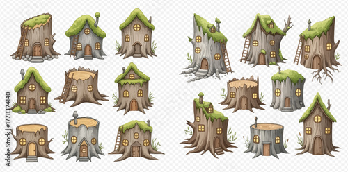 Collection of whimsical cartoon tree stump houses and natural stumps with mossy roofs.