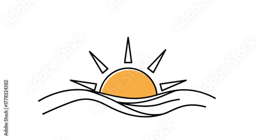 Simple illustration of a vibrant orange sun rising or setting over stylized ocean waves, symbolizing new beginnings or calm evenings.