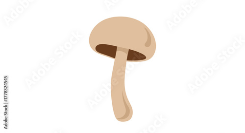 A minimalist illustration of a light brown mushroom with a slightly curved stem, isolated on a clean white background.