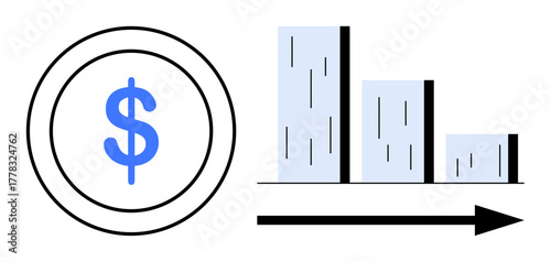 Dollar coin next to declining bar graph and directional arrow illustrating financial downturn. Ideal for finance, economics, investment, stock market, loss, budget analysis, simple flat metaphor