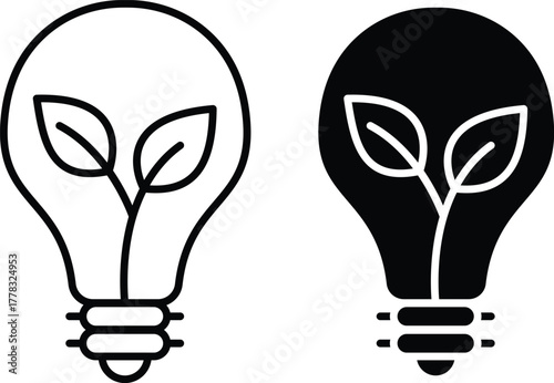 Eco Light Bulb Icon, Sustainable Energy and Green Innovation Symbol or Vector Silhouette..eps