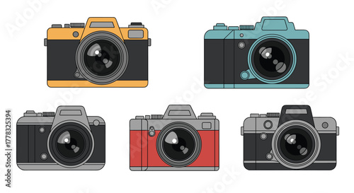 A collection of five colorful retro-style photographic cameras illustrated in a minimalist vector art style on a white background.