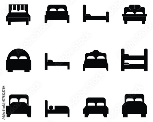 Bed Icon Set in Multiple Styles – Silhouette and Vector Collection Featuring Modern, Minimal, and Bunk Bed Designs for Interior and Furniture Concepts