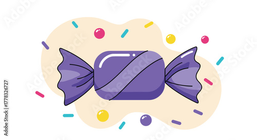A vibrant illustration of a purple wrapped candy with colorful sprinkles and a light background, perfect for sweet treats and celebration themes.