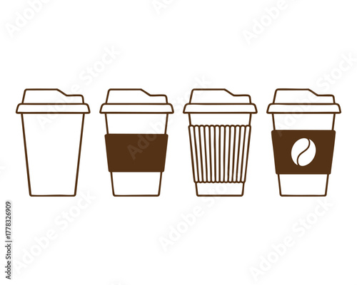 Four disposable coffee cups icons