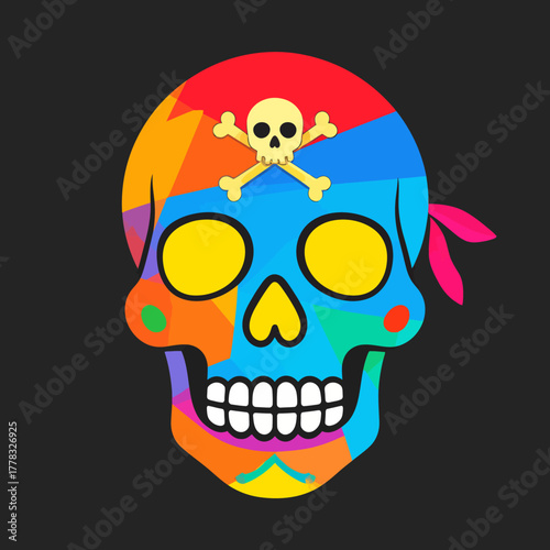 Colorful skull illustration with a pirate theme, featuring a bandana and crossbones, against a dark background.
