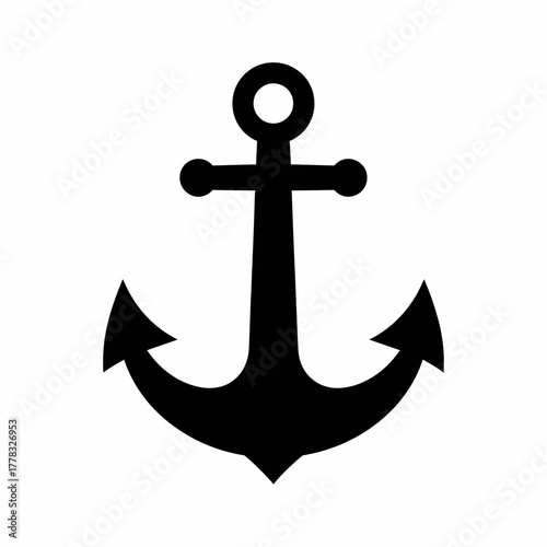 A simple black silhouette of an anchor, a nautical symbol, isolated on white background.