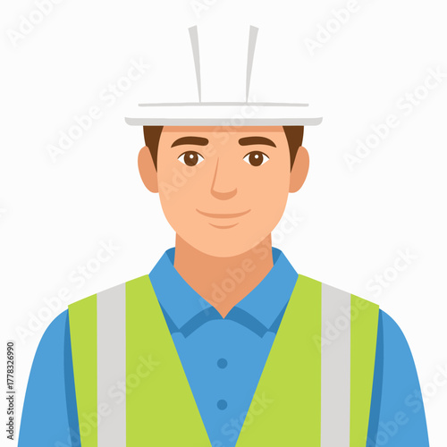 A smiling construction worker wearing a hard hat and safety vest, looking directly at the viewer.