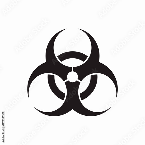 A black and white graphic illustration of a biohazard symbol, isolated on a white background.