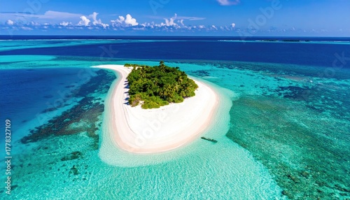 Fototapeta Naklejka Na Ścianę i Meble -  Drone aerial view of a small tropical island with lush green palm trees white sand beach and crystal clear turquoise water surrounding coral reefs in bright daylight