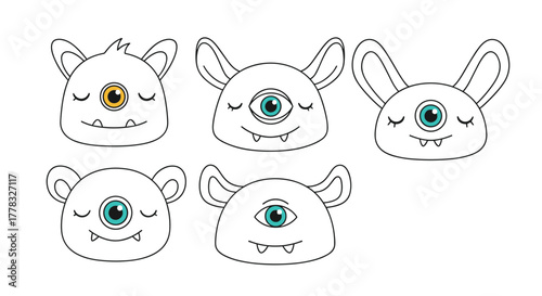 A collection of cute, one-eyed cartoon monster faces with various horn styles and sleepy expressions, ideal for children's designs and illustrations.