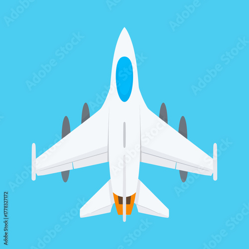 Overhead view of a white aircraft with wings and propellers against a blue background.