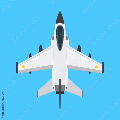 Overhead view of a white jet fighter aircraft against a bright blue background, ready for flight.
