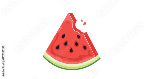 A vibrant, triangular slice of juicy red watermelon with black seeds and a green rind, a bite taken out, isolated on white.