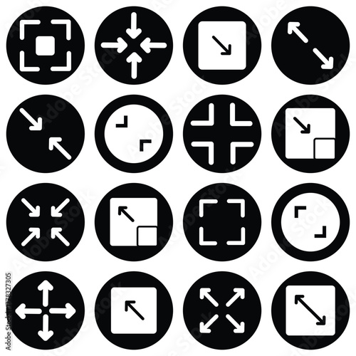 Black Arrow & Corner Bracket Icon Set – Expand, Collapse, Fullscreen, and Direction Symbols for Web, App, and UI Design
