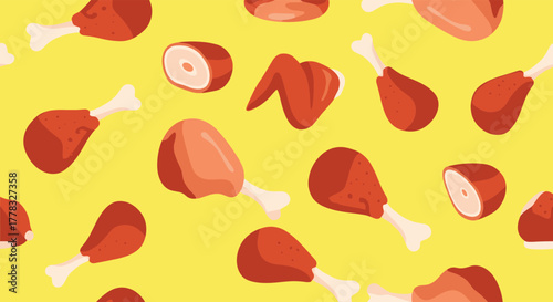 Appetizing seamless pattern of cooked chicken drumsticks, wings, and fresh meat cuts scattered across a vibrant yellow background, perfect for food themes.