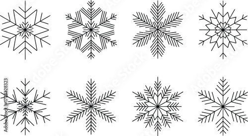 Collection of Eight Unique Black and White Snowflake Illustrations