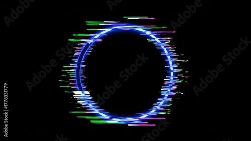 A glowing blue circle with glitch effects against a black background.
