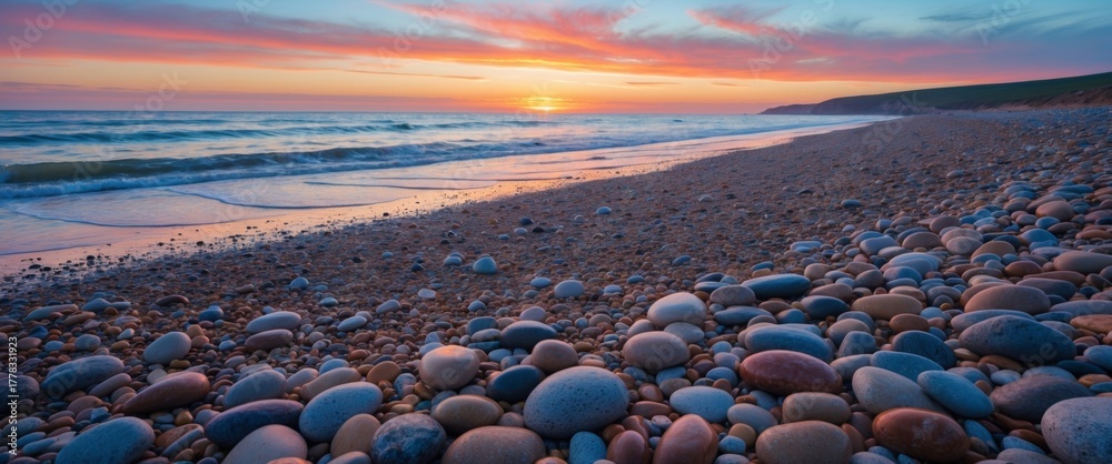 Obraz premium Colorful Sunset Over Tranquil Beach with Smooth Stones and Gentle Waves at Dusk, Scenic Coastal Landscape