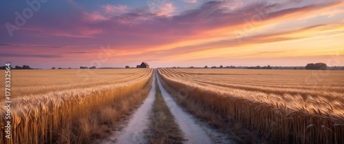Serene Golden Wheat Field Under a Colorful Sunset Sky with a Dirt Path Leading to the Horizon
