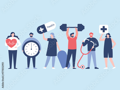 Healthy lifestyle concept vector illustration with fitness and wellbeing symbols