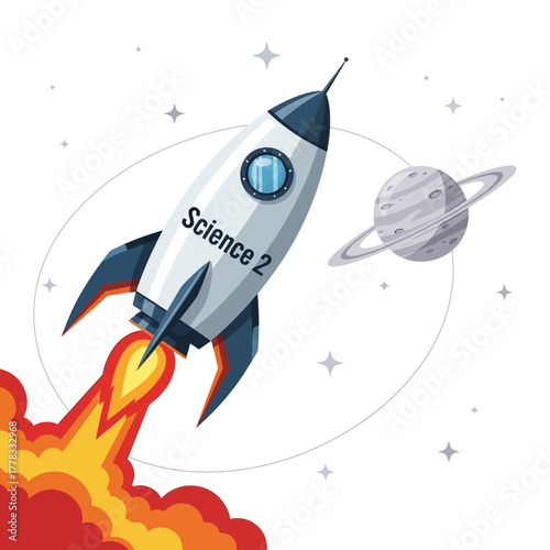 Dynamic rocket blasting off into starry space with a distant ringed planet, symbolizing exploration and scientific discovery