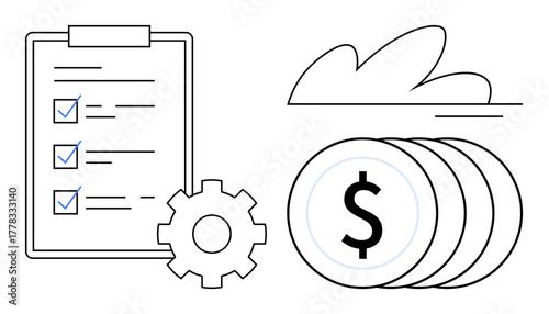 Checklist with marked tasks, gear symbolizing processes, and stacked coins for financial growth. Ideal for business strategy, planning, efficiency, productivity, wealth creation, investment simple