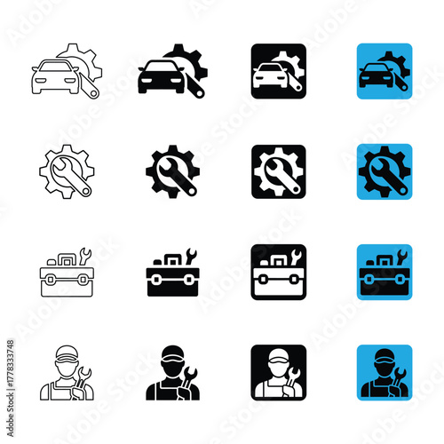 Automotive service and repair icon set, mechanic tools