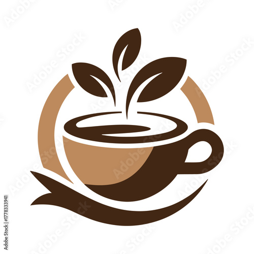 Brown coffee mug with leaf logo