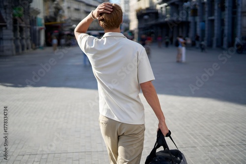 Man Walking on a City Street Carrying a Bag During the Day
