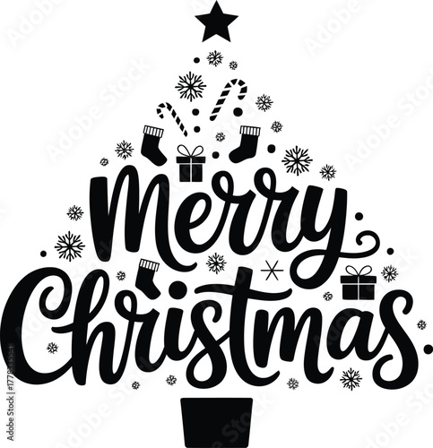 Merry christmas text art in a christmas tree shape with festive icons