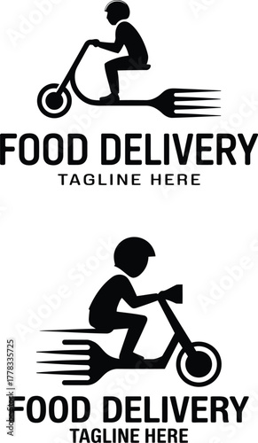 Food delivery service logo with scooter rider and fork