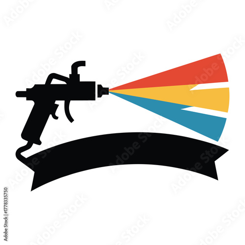 Spray gun emitting colorful paint streams over a banner