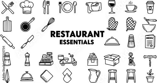 Restaurant and Kitchen Essentials Line Icons: Food Service, Cooking Tools, Cafe, and Culinary Equipment Vector Set