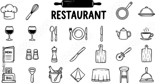 Hand-drawn Restaurant and Kitchen Icons Set. Essential Food Service, Dining, Chef Tools  Utensils Collection - Vector Style Illustrations.