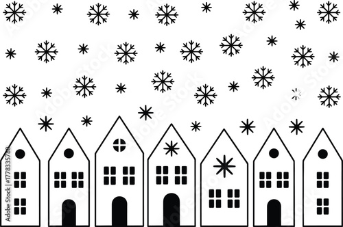 Whimsical black and white illustration of a row of houses with falling snowflakes