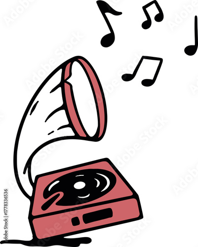 Classic vynil player vector illustration - retro gramophone with music notes
