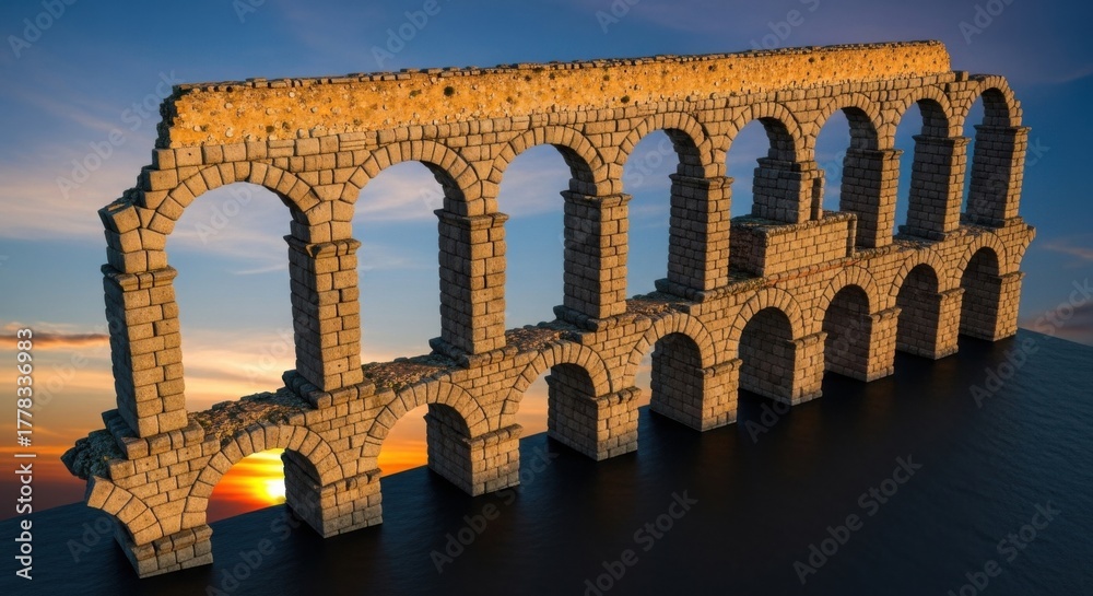 Obraz premium Ancient Roman Aqueduct Structure Sunset Sky Bright Colors Historic Architecture